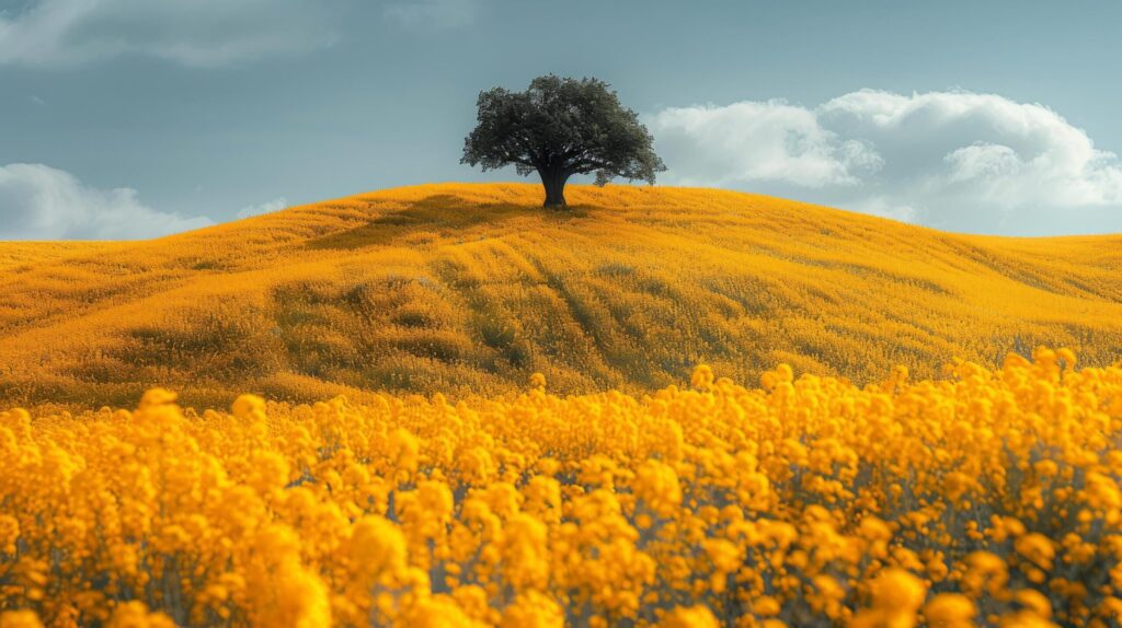 Lone Tree in Field of Yellow Flowers Free Photo