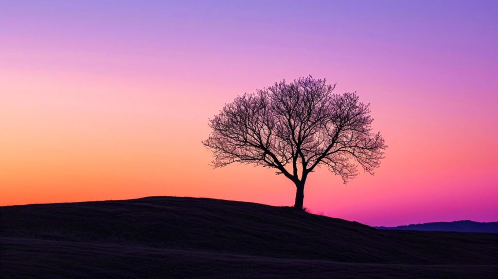 lone tree silhouetted against a gradient sunset sky Ai generated Free Photo