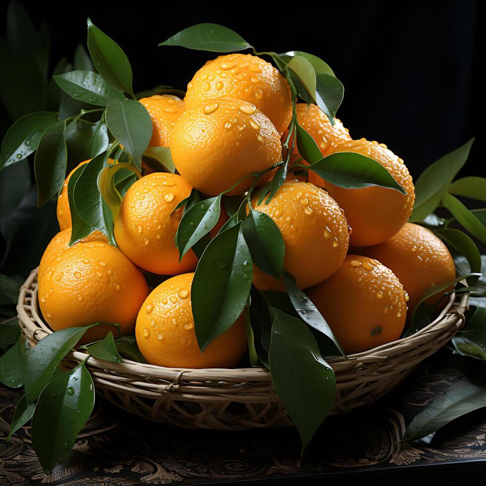 AI generated lots of fresh oranges in a basket isolated on the dark background Stock Free