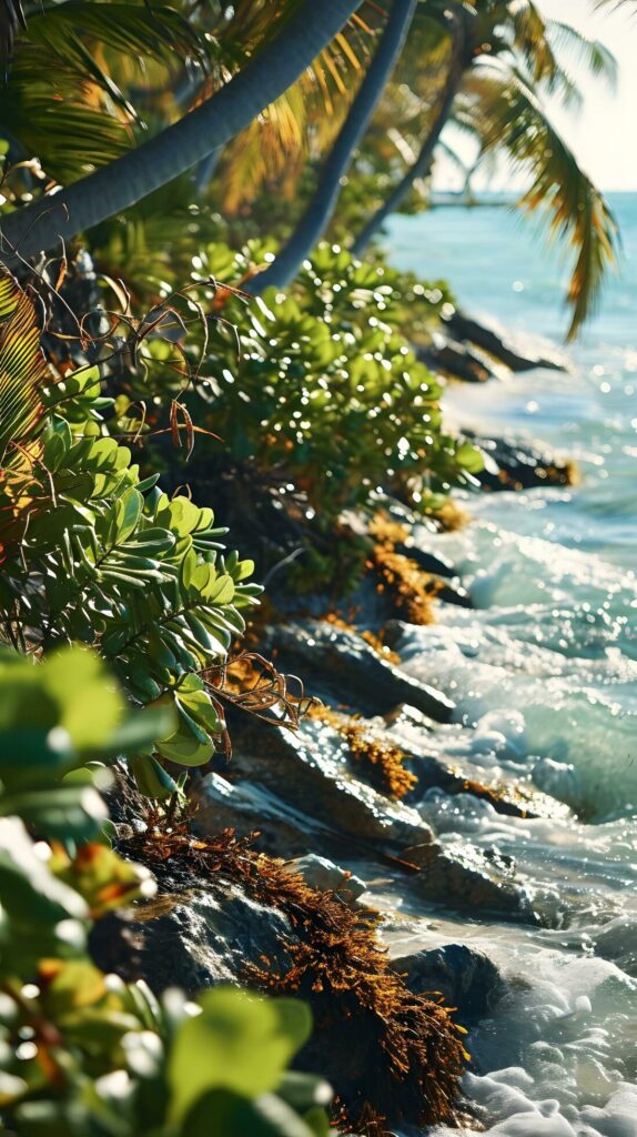 Lush Tropical Foliage Along a Sun-Kissed Shoreline Free Photo