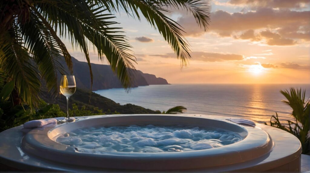 Luxury bubble bathtub and wine in glasses under palm tree with ocean view at sunset, spa and wellness concept, seascape and mountains background Free Photo