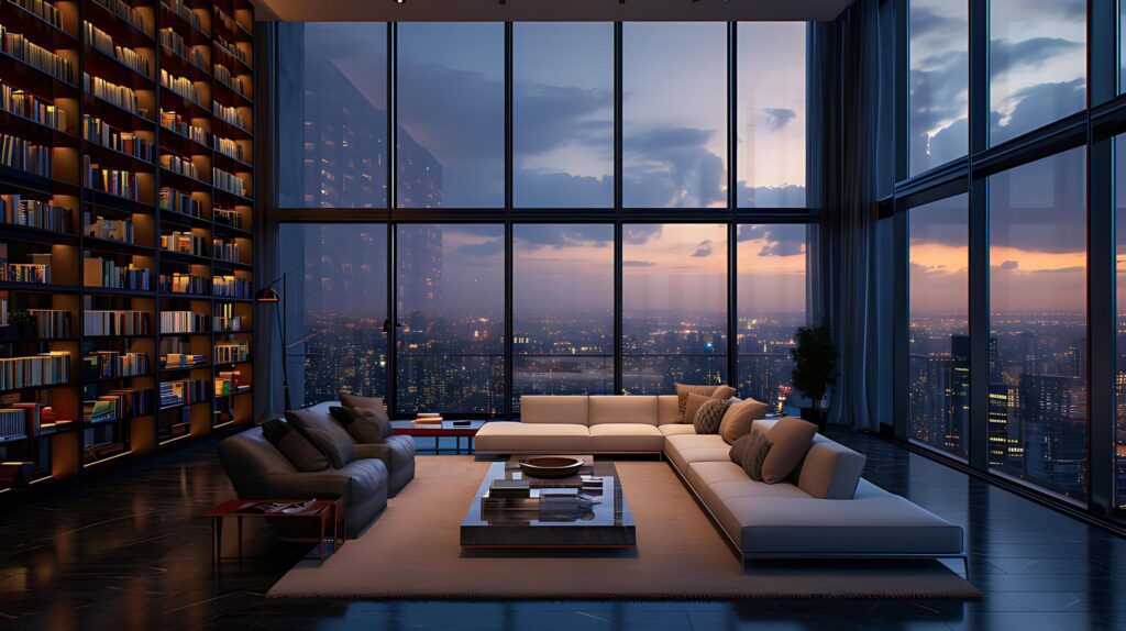 Luxury high-rise apartment living room with cityscape view at twilight Free Photo