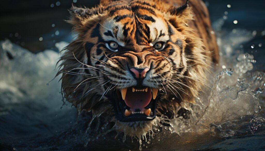 Majestic Bengal tiger, fierce and furious, staring into the camera generated by AI Free Photo