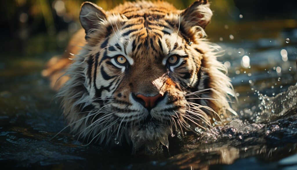 Majestic Bengal tiger staring, reflecting in tranquil pond, wild beauty generated by AI Free Photo