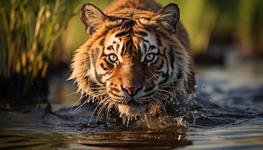 Majestic Bengal tiger staring, wild beauty in nature generated by AI Free Photo