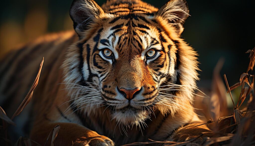 Majestic Bengal tiger staring, wild beauty in nature tranquility generated by AI Free Photo