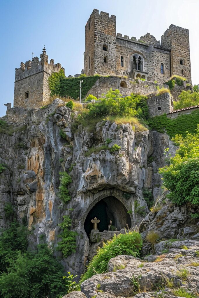 majestic castle built on a rocky hill, surrounded by lush greenery Ai generated Free Photo