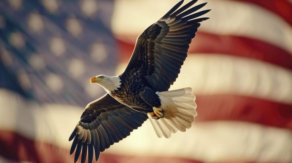 Majestic Eagle Soaring Against the American Flag, Symbolizing Strength and Unity in Celebration of Independence Day. Free Photo