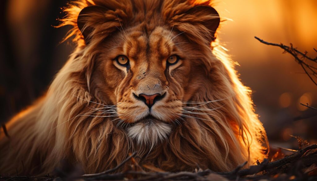 Majestic lion, king of the savannah, looking at camera generated by AI Free Photo