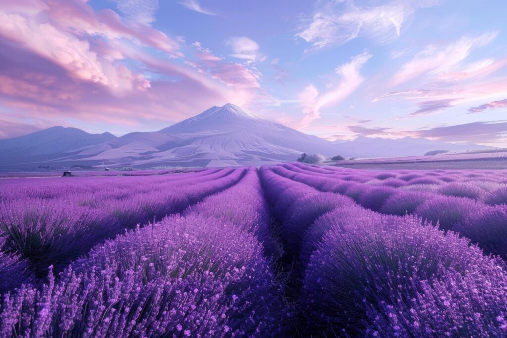 Majestic Mountain and Lavender Fields at Dusk Free Photo