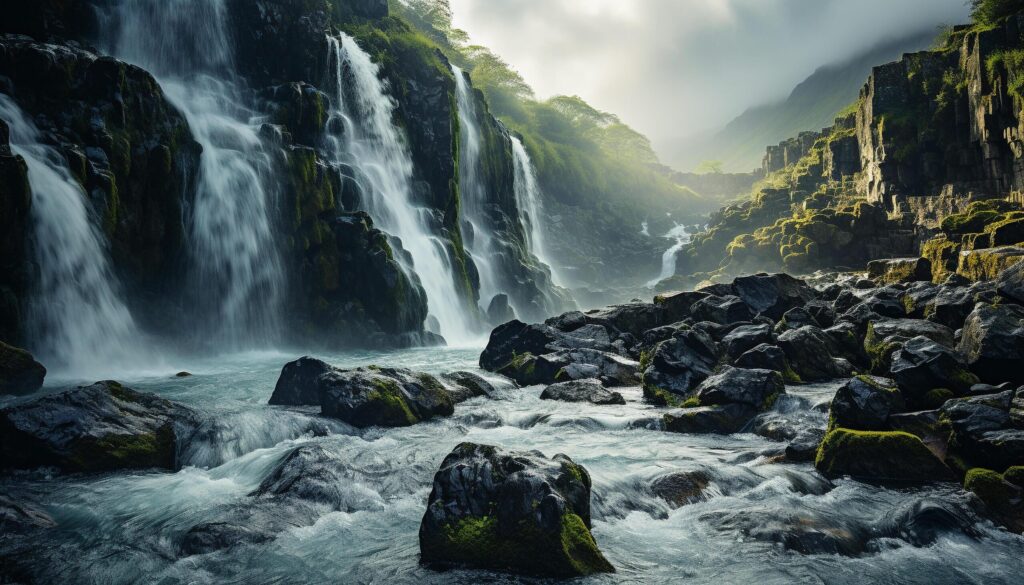 Majestic mountain, flowing water, tranquil scene, green forest, sunset generated by AI Free Photo