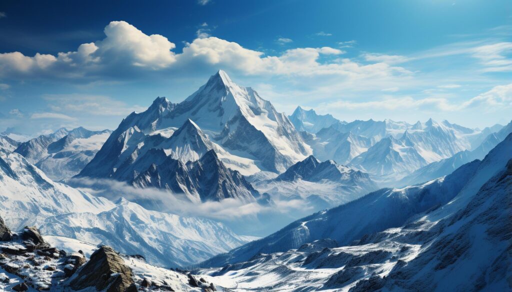 Majestic mountain peak, blue sky, tranquil scene, frozen water generated by AI Free Photo