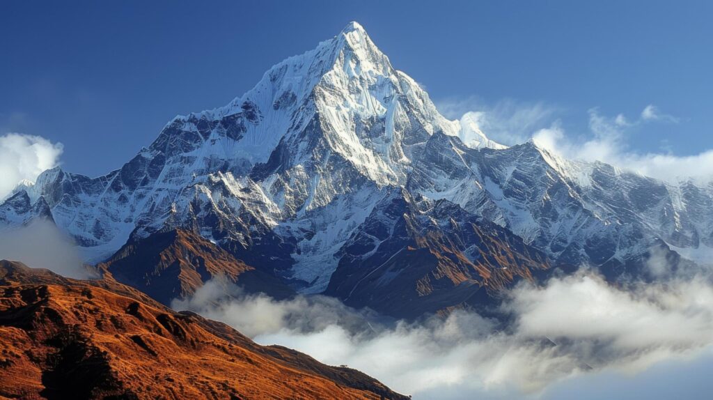 Majestic Mountain Peak in Snowy Clouds Free Photo