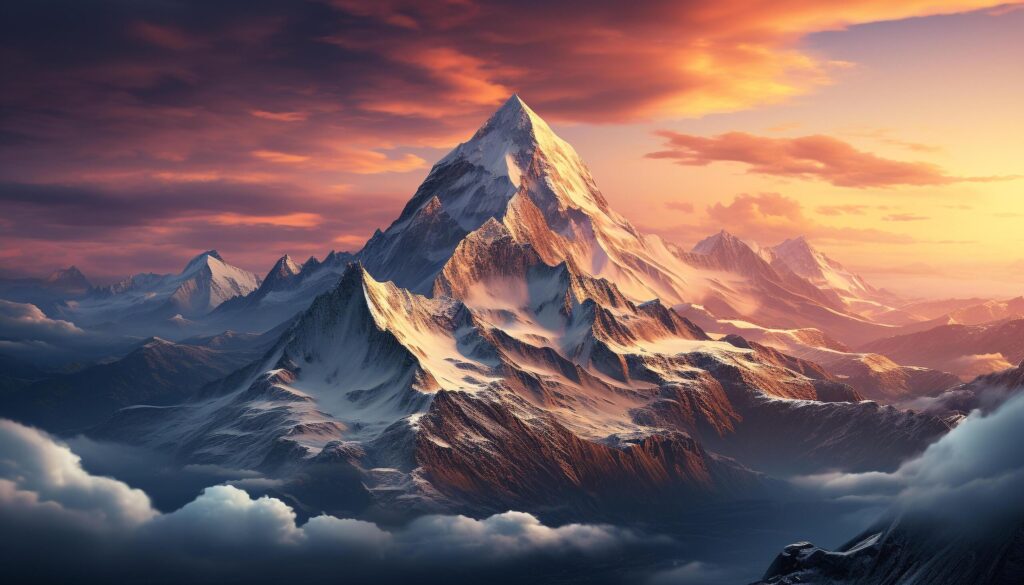 Majestic mountain peak, nature beauty in panoramic sunset generated by AI Free Photo