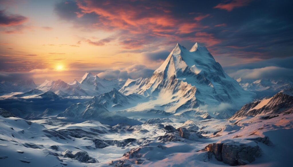 Majestic mountain peak, panoramic sunset, frozen beauty in nature generated by AI Free Photo