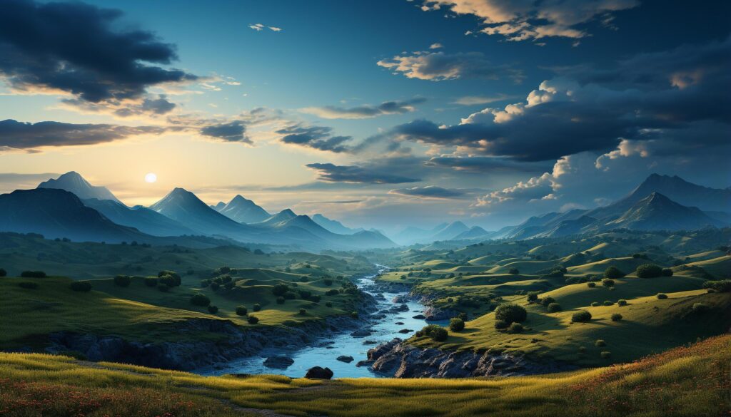 Majestic mountain peak reflects tranquil sunset on grassy meadow generated by AI Free Photo