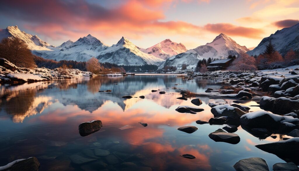 Majestic mountain peak reflects tranquil sunset on snowy landscape generated by AI Free Photo