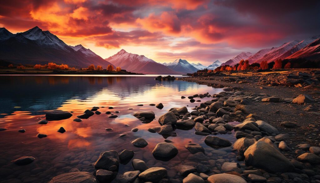 Majestic mountain peak reflects tranquil sunset on water generated by AI Free Photo