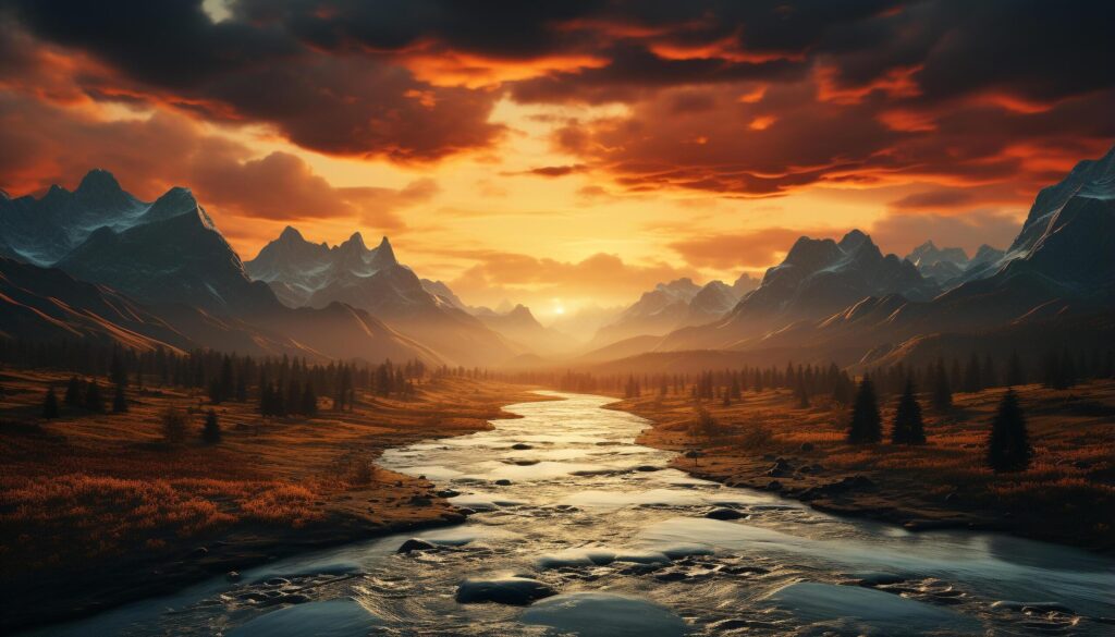 Majestic mountain peak reflects tranquil sunset over snowy landscape generated by AI Free Photo