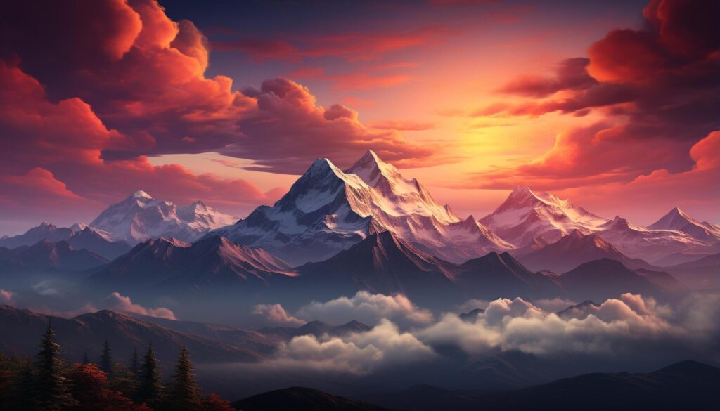 Majestic mountain peak silhouettes against colorful sunset sky generated by AI Free Photo