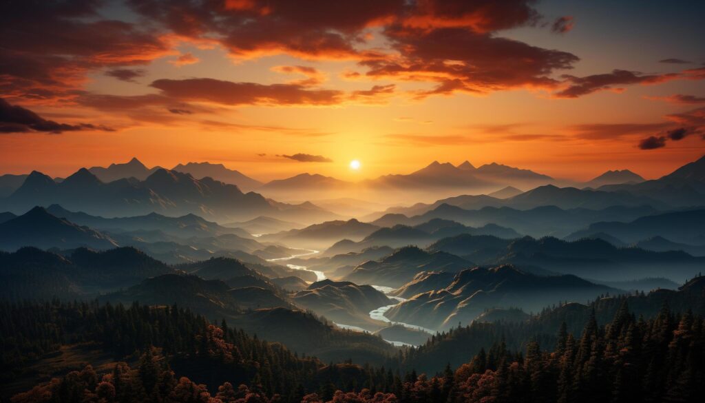 Majestic mountain peak silhouettes against orange sunset sky generated by AI Free Photo