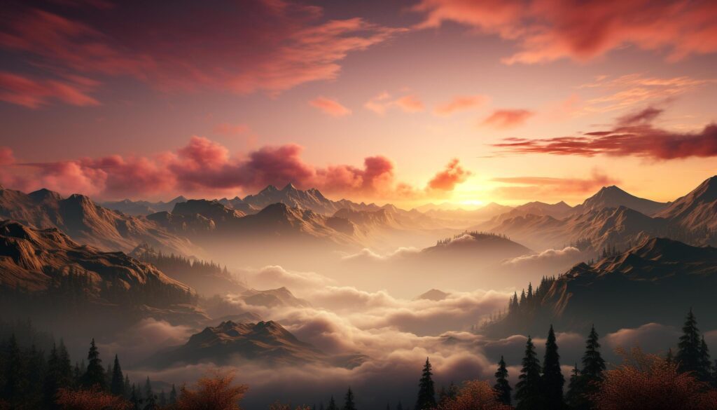 Majestic mountain peak silhouettes against tranquil sunset sky generated by AI Free Photo