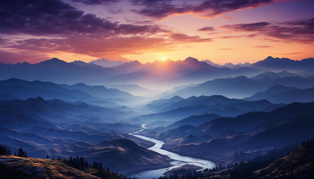 Majestic mountain peak silhouettes in tranquil dusk landscape generated by AI Free Photo