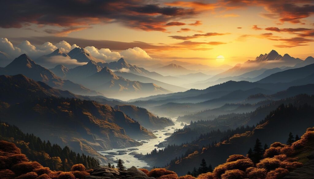 Majestic mountain peak silhouettes in tranquil sunset landscape generated by AI Free Photo