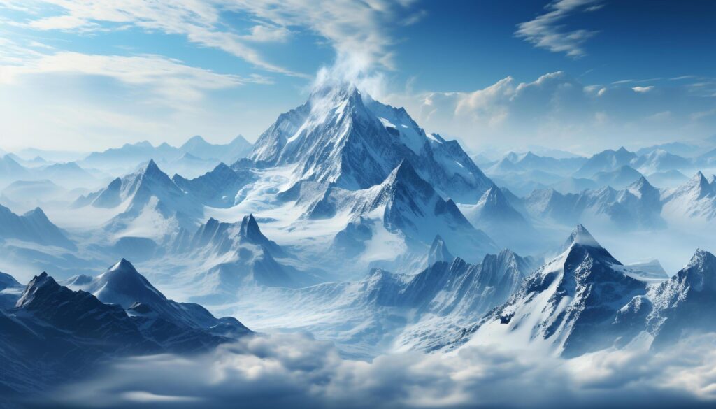 Majestic mountain peak, snow covered landscape, blue sky, and rocky cliffs generated by AI Free Photo