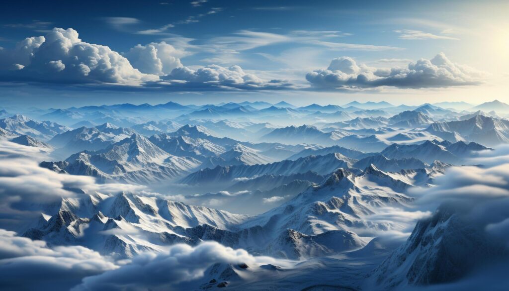 Majestic mountain peak, snow covered landscape, blue sky, tranquil scene generated by AI Free Photo