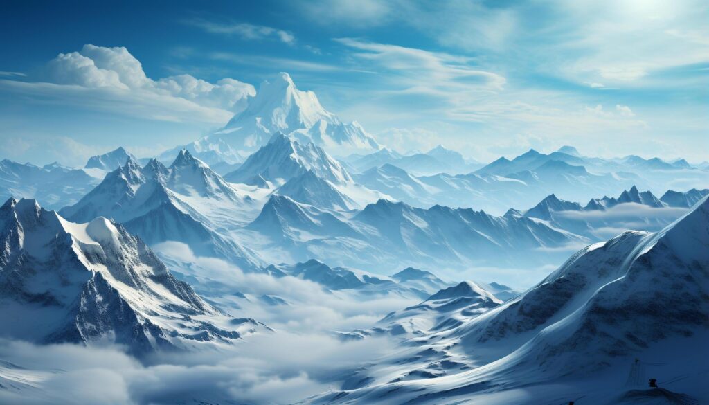 Majestic mountain peak, snow covered landscape, tranquil scene, blue sky generated by AI Free Photo