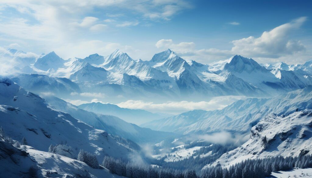 Majestic mountain peak, snow covered landscape, tranquil scene, frozen beauty generated by AI Free Photo