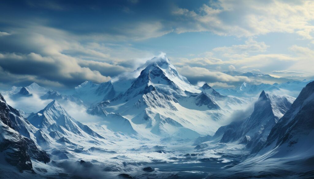 Majestic mountain peak, snow covered landscape, tranquil sky generated by AI Free Photo