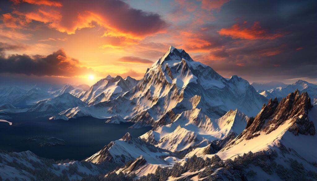 Majestic mountain peak, snow covered landscape, tranquil sunrise generated by AI Free Photo