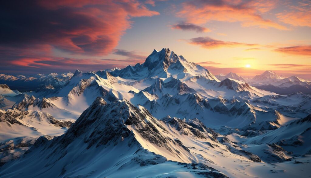 Majestic mountain peak, snow covered landscape, tranquil sunset over nature generated by AI Free Photo