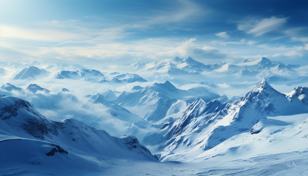 Majestic mountain peak, snow covered landscape, tranquil winter adventure generated by AI Free Photo