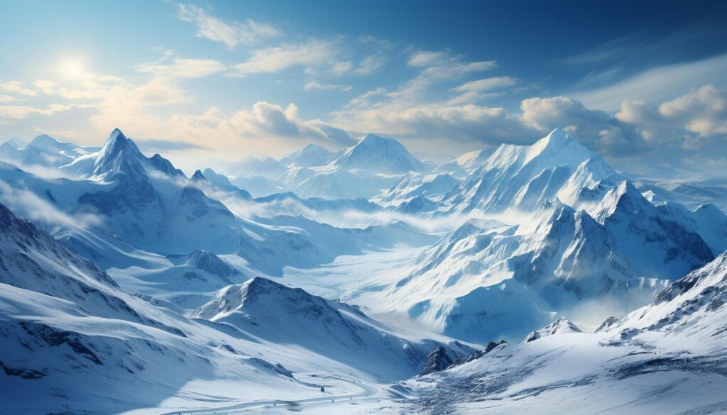 Majestic mountain peak, snow covered, tranquil scene, frozen beauty generated by AI Free Photo