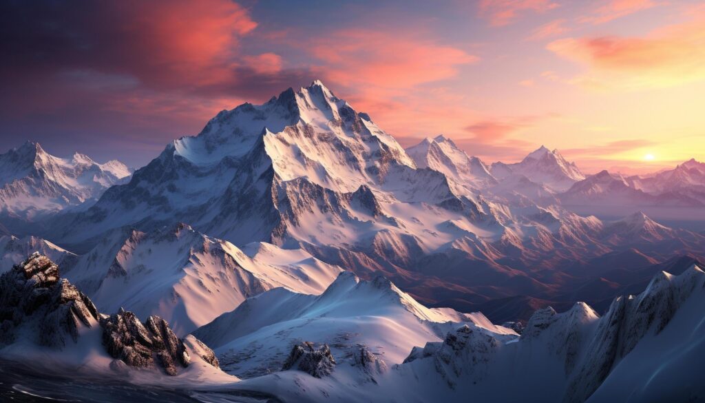 Majestic mountain peak, snow covered, tranquil sunset, frozen beauty generated by AI Free Photo