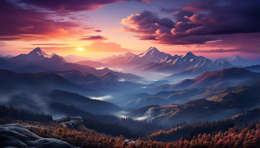 Majestic mountain peak, sunset paints tranquil autumn landscape generated by AI Free Photo