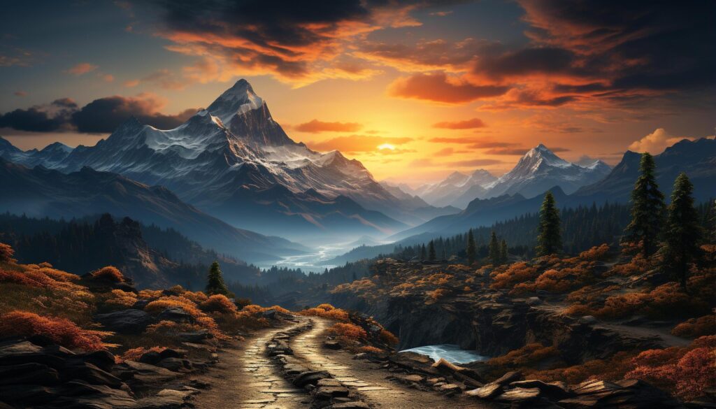 Majestic mountain peak, sunset sky, tranquil meadow, adventurous hiking generated by AI Free Photo