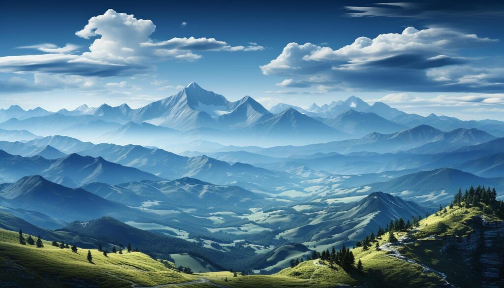 Majestic mountain peak, tranquil meadow, green forest, blue sky generated by AI Free Photo