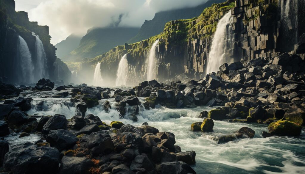 Majestic mountain range, flowing water, fog, and volcanic landscape generated by AI Free Photo