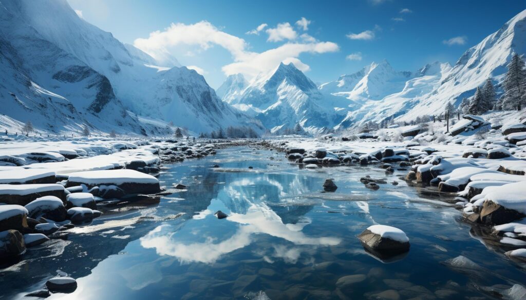 Majestic mountain range reflects tranquil beauty in nature frozen landscape generated by AI Free Photo