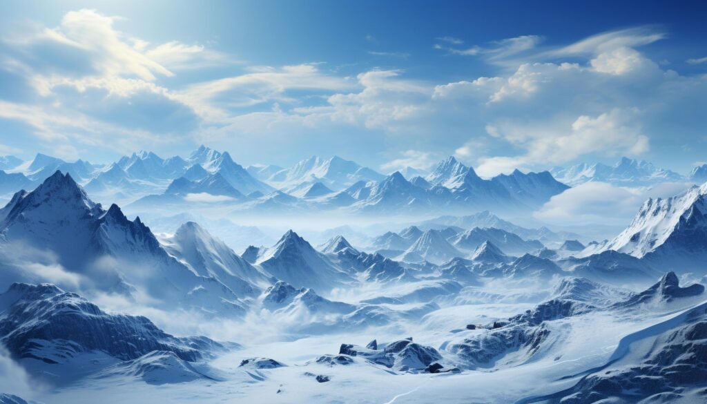 Majestic mountain range, snow covered peaks, tranquil sky, frozen landscape generated by AI Free Photo