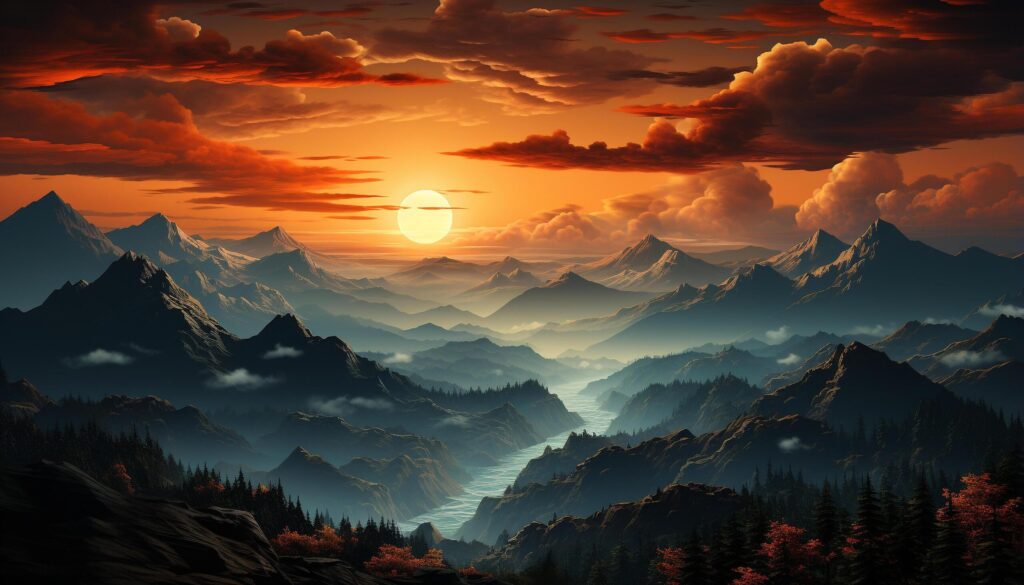 Majestic mountain range, sunset silhouette, tranquil meadow, nature beauty generated by AI Free Photo