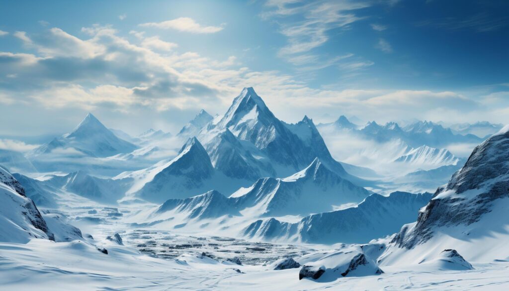 Majestic mountain range, tranquil scene, frozen beauty in nature generated by AI Free Photo