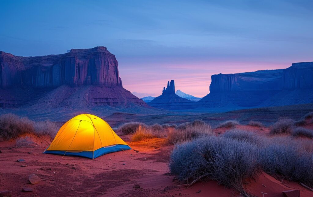 Majestic Rock Formations Provide Backdrop for Illuminated Tent in Desert Twilight Free Photo