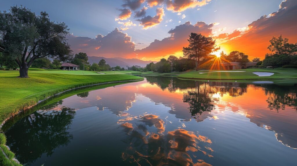 Majestic Sunset Over Golf Course With Pond Free Photo