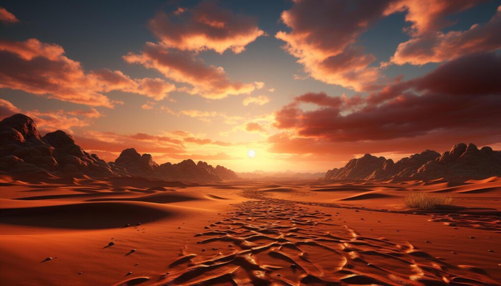 Majestic sunset paints tranquil sand dunes in orange beauty generated by AI Free Photo