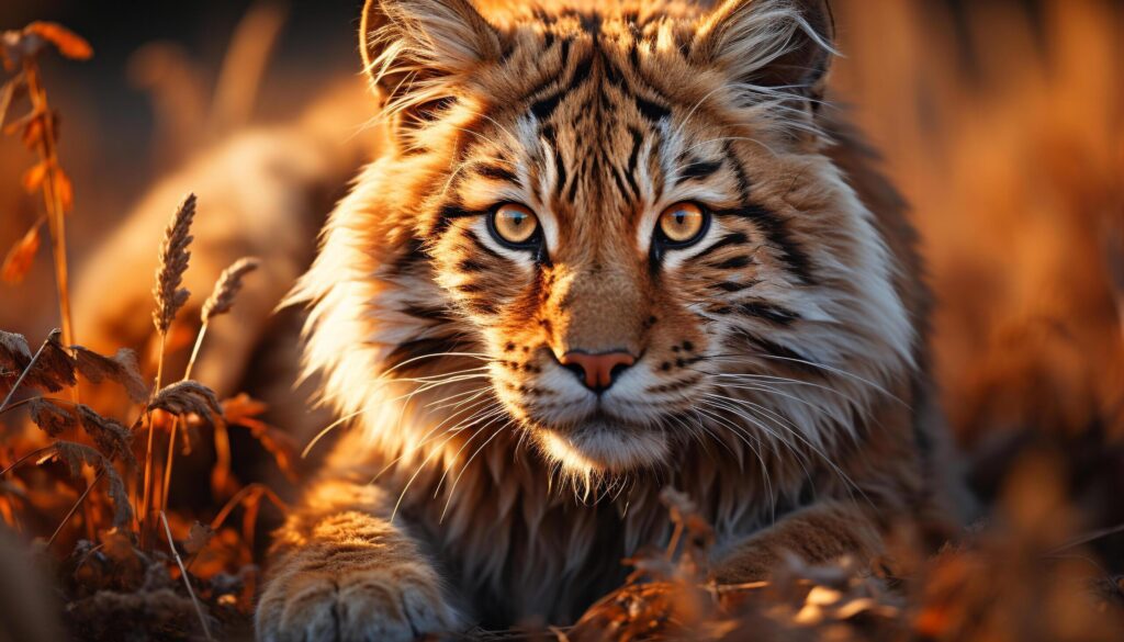 Majestic tiger staring, beauty in nature, wildcat in grass generated by AI Free Photo